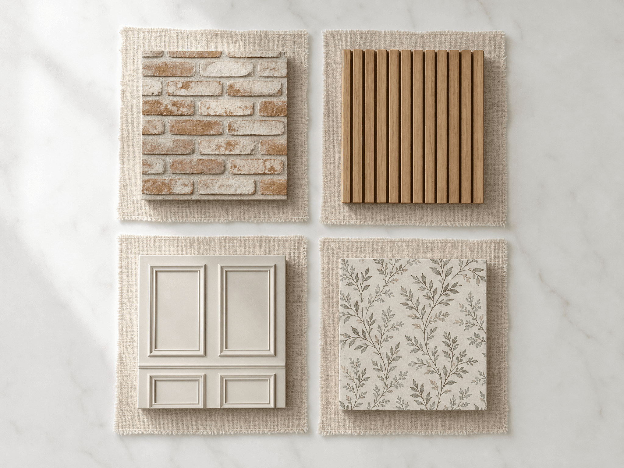 Four wall-finish samples: brick, wood slat, panelling and wallpaper